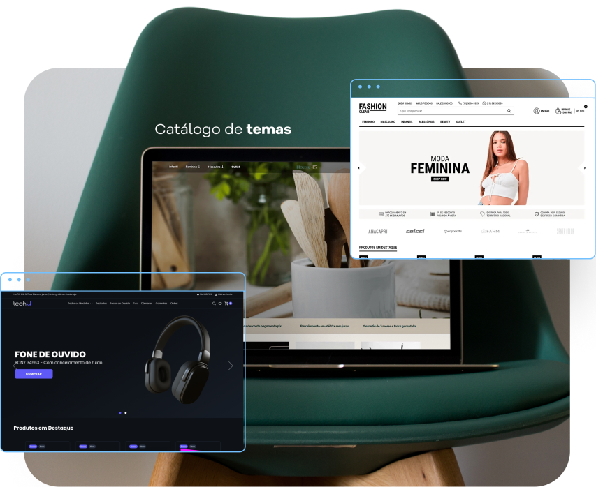 Um laptop com uma cadeira verde ao fundo exibe múltiplos sites de e-commerce. Um site apresenta "Moda Feminina" com uma mulher modelando uma roupa branca, enquanto outro promove fones de ouvido com cancelamento de ruído. O texto "Catálogo de temas" aparece acima.